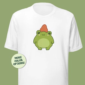 Chubby Cute Strawberry Hat Frog Unisex T-Shirt, Pastel Kawaii Cottagecore Aesthetic Happy Toad, Round Smiling Froge, Edgy Birthday Gift