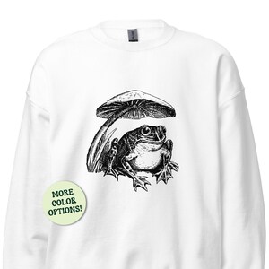 Bluza unisex Vintage Aesthetics Cottagecore Żaba i grzyb, Żaba siedząca pod grzybem, Prezent dla fanów ropuch, Słodka zabawna żaba zdjęcie 1