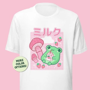 Camiseta estética fofa Kawaii Strawberry Frog Retro 90s Hjuku, camiseta Anime Milk Box, respingos de milkshake pastel Senpai, chibi otaku coreano