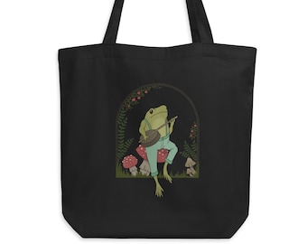 Öko-Einkaufstasche - Cottagecore Ästhetik Süßer Frosch spielt Banjo-Gitarre auf Pilz - Kröte im Vintage-Stil - Goblincore-Frosch-Liebhaber - Märchen
