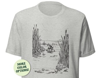 Cottagecore Frosch im Teich, süße Cottagecore Kröte auf Felsen, Vintage Ästhetik Froggie, Naturkern Rohrkolben am See Unisex T-Shirt