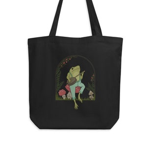 Eco Tote Bag - Cottagecore Aesthetic Cute Frog Playing Banjo Guitar on Mushroom - Vintage Style Toad - Goblincore Frogge Lover - Fairytale