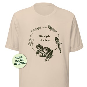 Puede incluir: Una camiseta beige con una ilustración en blanco y negro del ciclo de vida de una rana. La ilustración muestra un huevo de rana, un renacuajo, una ranita y una rana adulta. El texto "Life Cycle of a Frog" está impreso en la camiseta.