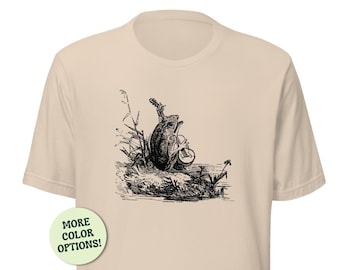 Cute Frog Playing Banjo Unisex T-Shirt, Vintage Cottagecore Toa,. Goblincore Aesthetic Froge with Guitar, Sitting Singing Serenade Phorg