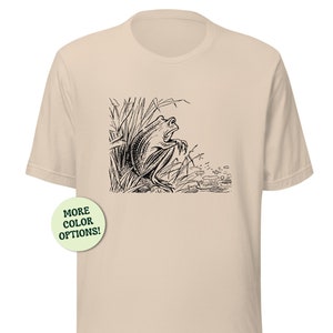 Frog Sitting by The Pond and Thinking Unisex T-Shirt, Cute Sad Cottagecore Toad, Melancholic Phrog Near Lake, Emo Froge, Vintage Aesthetic
