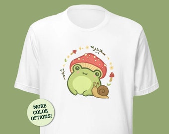 Cute Cottagecore Aesthetic Unisex T-Shirt, Chubby Frog Snail Mushrooms, Kawaii Froggy Toad Wearing Toadstool Hat, Fungi Slug Flower Plant
