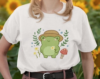 Cute Green Frog with Garden Hat Unisex T-Shirt, Mushroom Flower Blossoms Kawaii Aesthetic, Funny Teens Gardening Cottagecore Froggy Gift