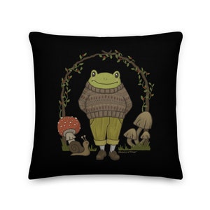 Goblincore Frog Mushrooms Decor - Toad Wearing Grandpa Sweater - Snail and Fungi Garden - Vintage Cottagecore Dark Academia - Throw Pillow