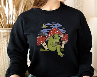 Uroczy kapelusz z żabą i grzybem do czytania książek unisex, ropucha goblincore z powieścią, ślimak i muchomor, Happy Cottagecore Bookish Under Moon