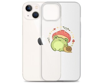 Cottagecore Aesthetic Frog iPhone Case, Kawaii Mushrooms Snail Toad Apple protective cases, Fungi Slug Flowers iPhone cover, Fun Grunge case