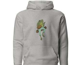 Cottagecore Toad Lover - Cute Frog Playing Banjo - Animal Play Guitar Music - Phorg Sitting on Log Meadowcore Froge Forest - Camping Hoodie