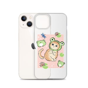 Cute Kawaii Frog Cat in the Hat iPhone Case, 90s Retro Cottagecore Aesthetic Phone Cover, Toads Kitten Protective Cases, Anime Kidcore Gift