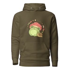 Leuke hoodie cottagecore kikker, Froggy slak paddestoelen workout esthetiek, grappige kawaii Frogge paddenstoel hoed trui, casual gym jeugdoutfit