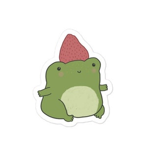 Grenouille mignonne avec chapeau aux fraises - Grenouille cottagecore kawaii portant une fraise sur la tête - Sticker bouteille d'eau drôle - Fan de grenouille potelée