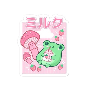 Sapo de morango fofo kawaii retrô anos 90 Harajuku - caixa de leite de anime - respingo de milkshake rosa senpai - chibi otaku coreano - adesivo de garrafa de água