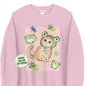 Kawaii Frogs and Cat with Frog Hat Sweatshirt, Japanese Retro 90s Cottagecore Aesthetic, Anime Manga Style, Funny Frogge Kitten Costume Gift