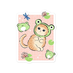 Chat grenouille kawaii dans un chapeau de grenouille esthétique cottagecore rétro des années 90 - nénuphar bleu papillon chaton crapaud - fan de manga et anime - stickers pour cahier