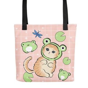 Bolsa de mano con estampado integral: gato rana kawaii con sombrero de rana, estética cottagecore retro de los años 90, estilo anime y manga, regalo para niños, lindo bolso de mano