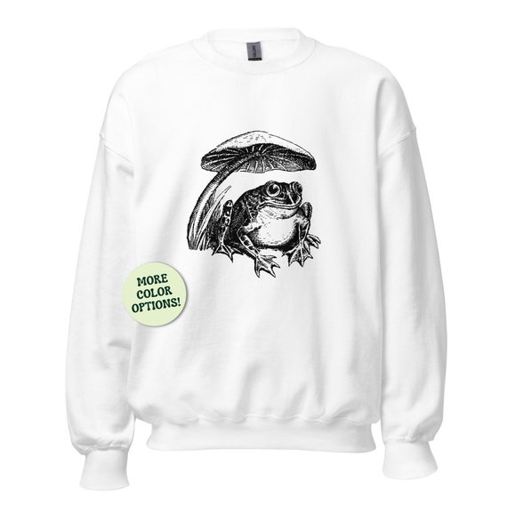 Vintage Aesthetics Cottagecore Frog and Mushroom Unisex Sweatshirt, Frog Sitting Under a Shroom, Nature Gift for Toad Fans, Cute Funny Froge