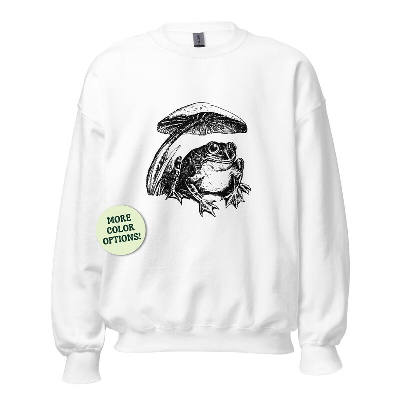 Bluza unisex Vintage Aesthetics Cottagecore Żaba i grzyb, Żaba siedząca pod grzybem, Prezent dla fanów ropuch, Słodka zabawna żaba zdjęcie 1