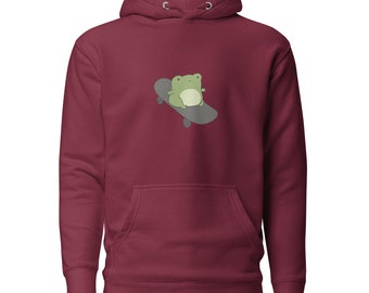 Cute Frog on Skateboard Hoodie, Kawaii Cottagecore Aesthetic