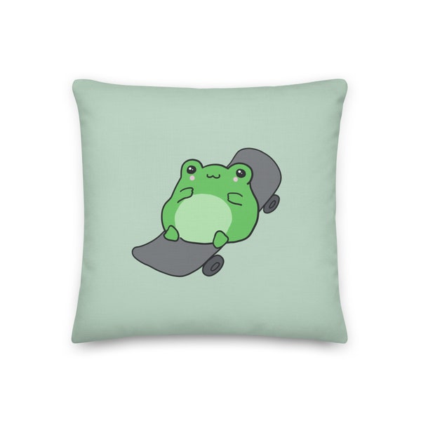 Premium Decor Pillow - Cute Frog on Skateboard - Kawaii Cottagecore Aesthetic Toad Skating - X-games - Gift for Kids - House Warming Gift