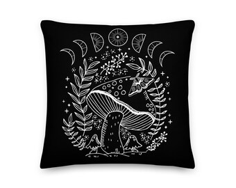 Premium Sofa Pillow - Goblincore Witchy Moon - Cottagecore Aesthetic Illustration Mushroom - House Warming Kids Gift - Farmhouse Cushion