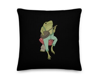Premium sierkussen - schattige pad die banjo speelt en op paddenstoel zit - Sad Cottagecore Aesthetic Frog - House Warming Gift - Bankkussen