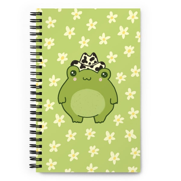 Cute Frog Cowboy Hat - Kawaii Cottagecore Toad Aesthetic - Smiling Cowgirl Flower Pattern - Round Froge - Gift for Kids - Spiral Notebook