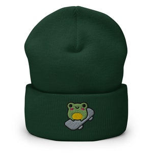 Embroidered Cuffed Beanie, Cute Frog on Skateboard, Toad Skater Winter Hat,  Vintage Kawaii Cottagecore Aesthetic, Froggie Skateboarding