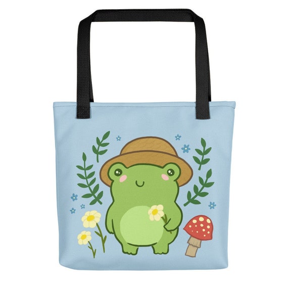 Cute Frog with Hat Froggy Mushroom Toatsool Flower Kawaii Aesthetic Cottagecore Gardening Forestcore Hippie Folklore Froge Tote bag