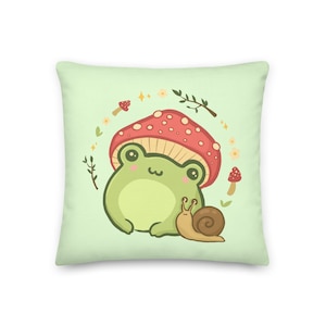 Cojín con diseño de rana de estilo Cottagecore - Lindo cojín vintage con diseño de rana y caracol de estilo Cottagecore - Regalo para inauguración de la casa en el porche - Regalo para niños - Almohada para el suelo