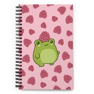Sapo fofo com chapéu de framboesa - Sapo pastel no estilo estético Kawaii Cottagecore Sketchbook - Presente engraçado para crianças - Caderno espiral