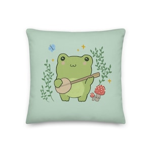 Almohada infantil de decoración premium: linda rana kawaii con banjo, hongos, seta venenosa, mariposa, estética Cottagecore, hongos, estrellas, animales, guitarra