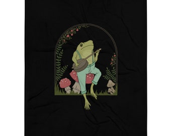 Cottagecore Aesthetic Cute Frog Playing Banjo Guitar on Mushroom. Vintage Style Toad. Goblincore Frogge Lover - Decor Throw Blanket