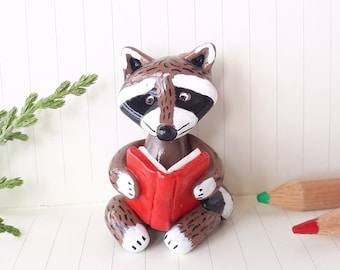 Cottagecore decor raccoon figurine bookshelf decor, Woodland animals clay figure forest home decor, Raccoon desk pet bookish gifts