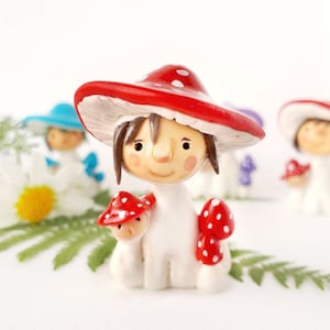 Mushroom figurine cottagecore shelf decor objects, Clay figures cute goblincore decor, Amanita mushroom fairy decor bedroom