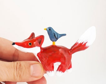 Cute fox figurine cottagecore decor, Woodland animal clay figure fox totem, Red fox statue blackbird miniature animals shelf decor objects