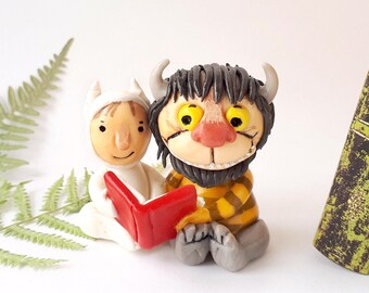 Where the wild things are clay figures bookshelf decor, Fairy tale miniature scene bookish gifts, Mini figures book nook shelf decor objects