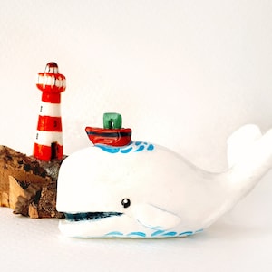 Moby Dick sperm whale sculpture and lighthouse set bookshelf decor, Cute white whale ceramic miniature shelf decor objects nautical decor
