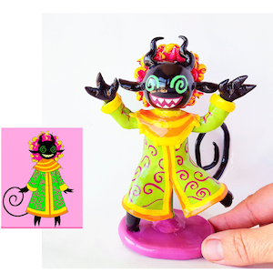 May include: A hand-painted figurine of a black demon with green and yellow clothing. The demon has pink and orange curly hair and a long black tail. The figurine is standing on a pink base.