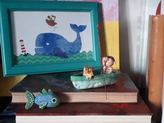 Charming Fisherman & Dog Figurine Valentines Day Gift for Fisherman Fishing  Boat Miniature Shelf Decor Object Lake House Unique Fishing Gift 
