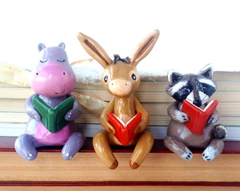 Custom figure bookshelf decor librarian gifts, Desk pet miniature animals clay figures bookish gifts Book nook miniature shelf decor objects