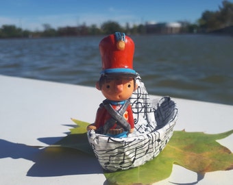 The Tin Soldier sailing on a paper boat handcrafted miniature, fairy tale character handmade figurine