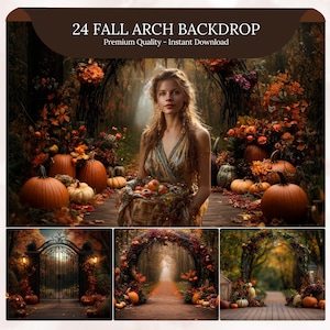 May include: A digital backdrop featuring a woman holding a basket of apples, surrounded by pumpkins and fall foliage. The scene is set in an archway with the text "24 FALL ARCH BACKDROP" and "Premium Quality - Instant Download".