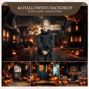 May include: A Halloween backdrop with a young person in a black dress on a cobblestone street, lit jack-o'-lanterns and houses. The image includes the text "44 HALLOWEEN BACKDROP" and "Premium Quality - Instant Download".