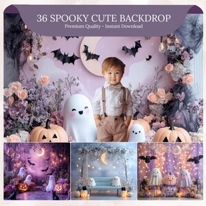 May include: A digital backdrop with a Halloween theme. The image features a child in front of a backdrop with pumpkins, ghosts, and bats. The text at the top reads "36 Spooky Cute Backdrop".