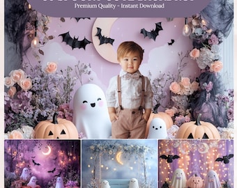 May include: A digital backdrop with a Halloween theme. The image features a child in front of a backdrop with pumpkins, ghosts, and bats. The text at the top reads "36 Spooky Cute Backdrop".