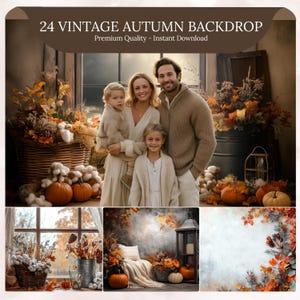 May include: A digital backdrop featuring a family of four in a vintage autumn setting. The scene includes pumpkins, fall foliage, and a window with a rustic aesthetic. Text reads "24 Vintage Autumn Backdrop".