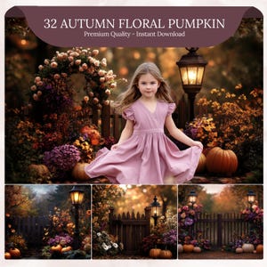Peut inclure: Une jeune fille en robe rose se tient dans une scène de jardin avec des citrouilles, des fleurs et une lampe vintage. L'image contient le texte "32 AUTUMN FLORAL PUMPKIN" et "Premium Quality - Instant Download". La scène se déroule en automne.